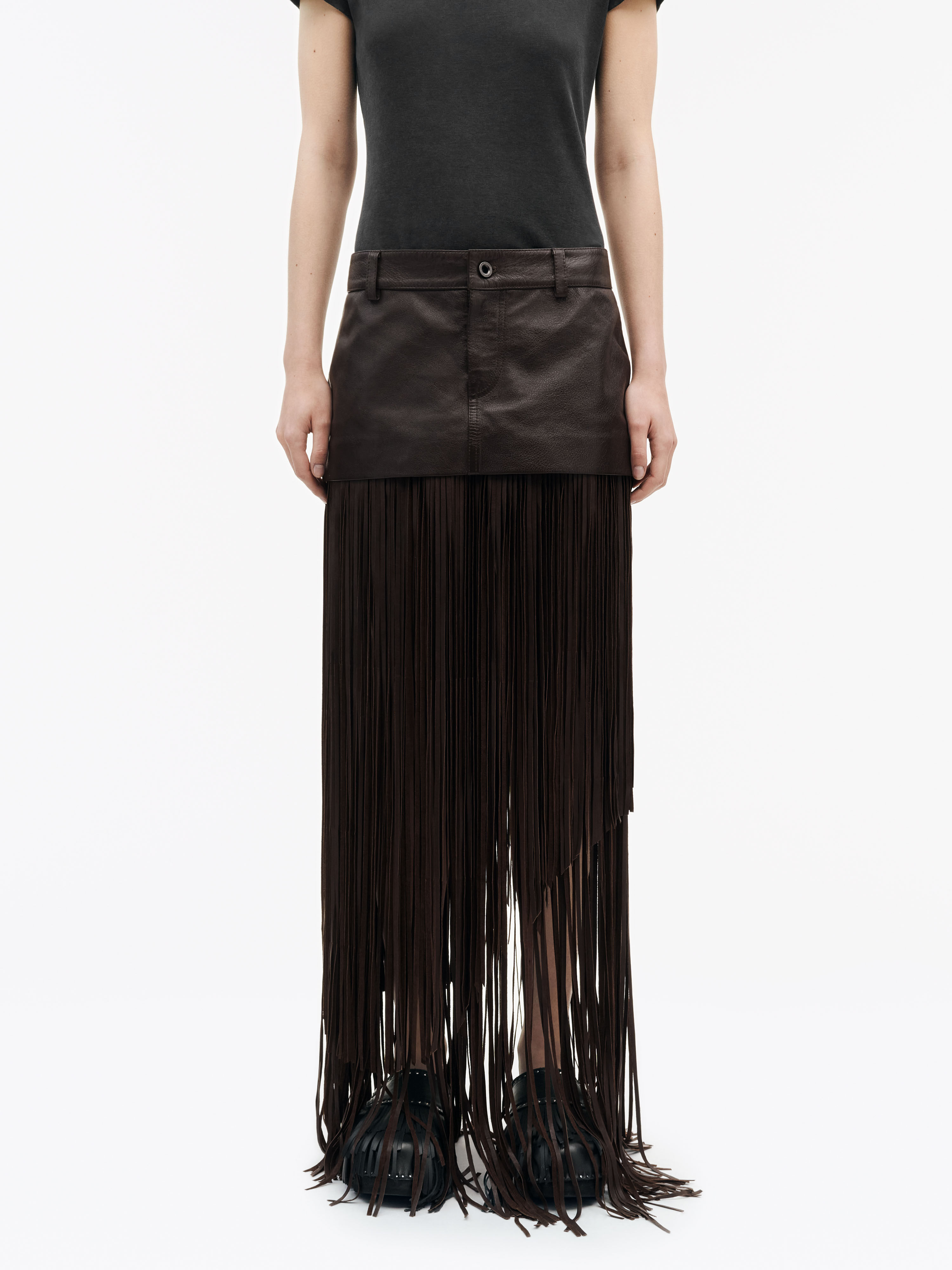Grainy leather dark brown Saarna Skirt | Tiger Of Sweden