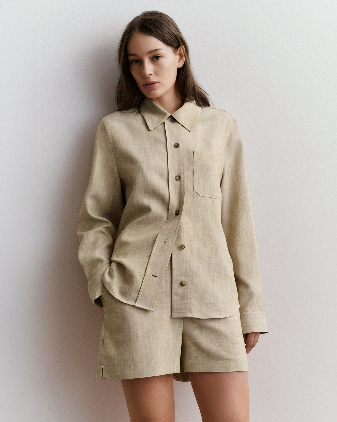 Woman in beige set