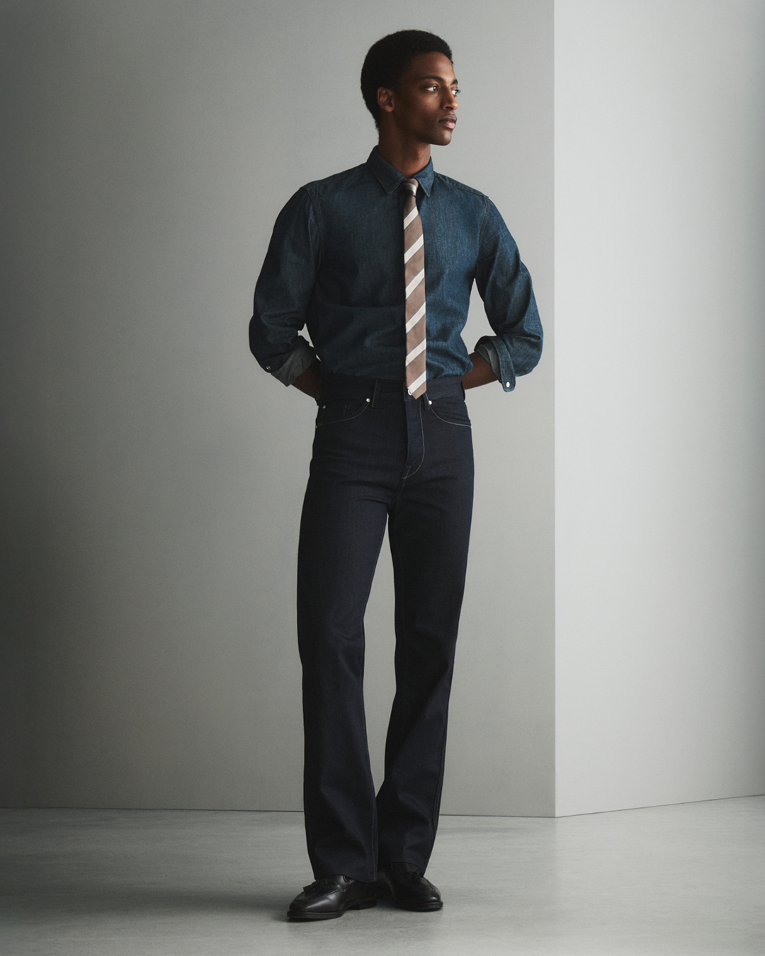 Man dark denim and blue shirt