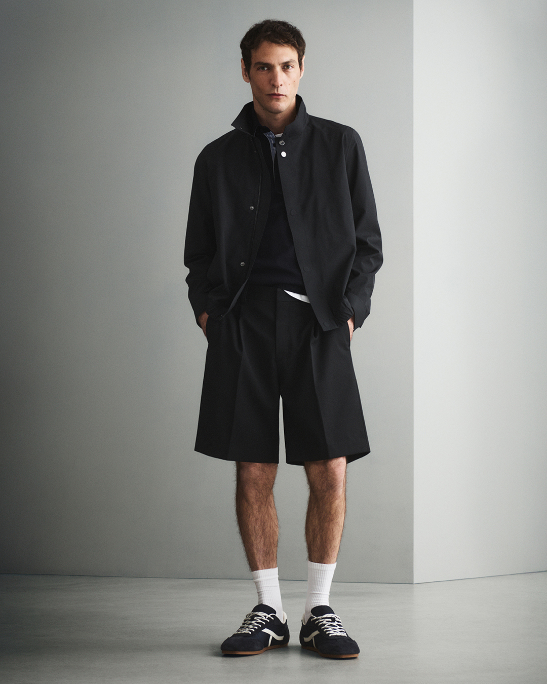 Man in black shorts and jacket
