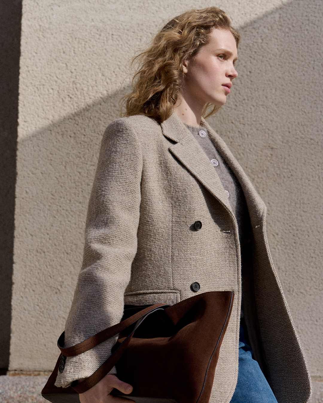 beige blazer and denim