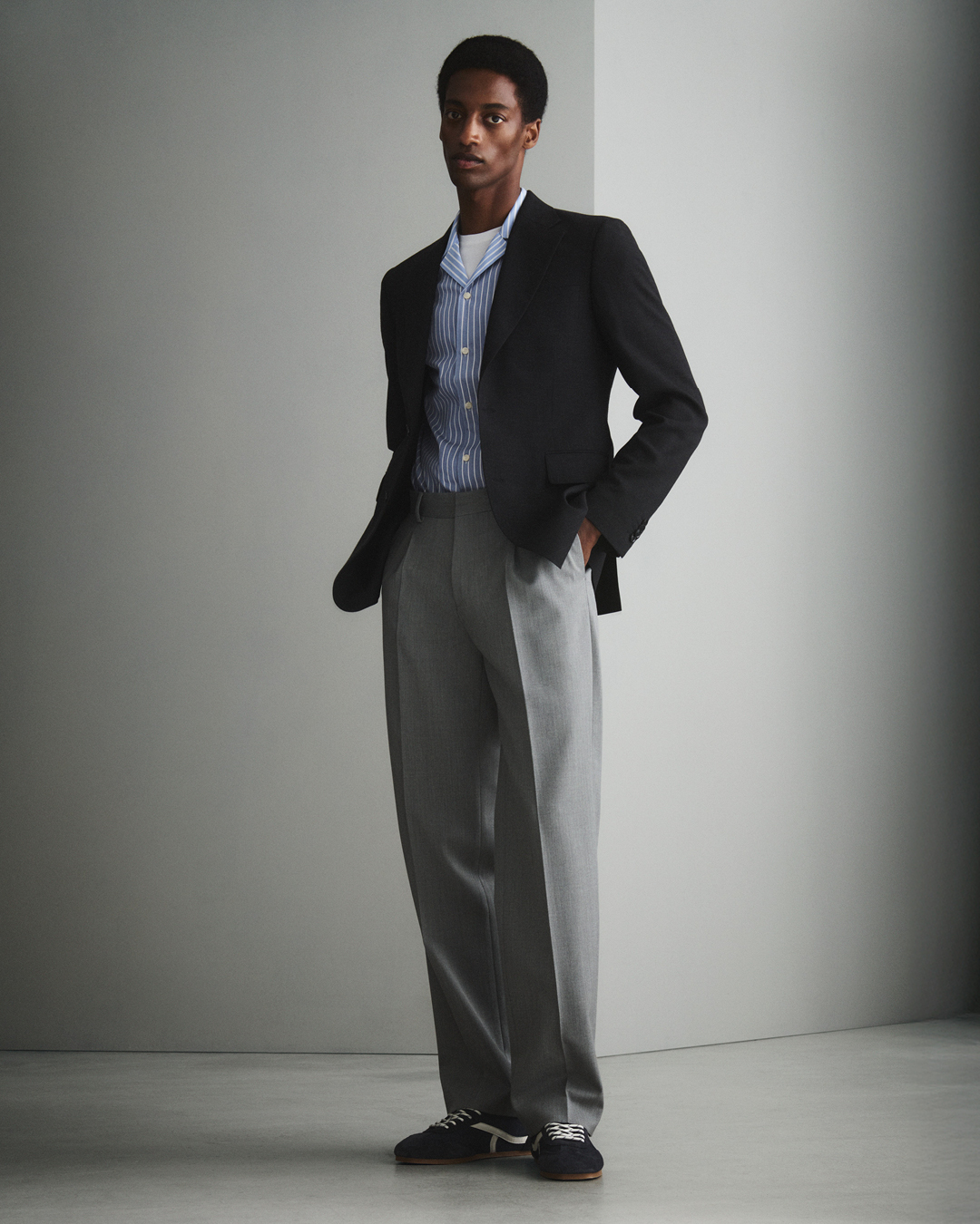 Man in grey trouser and black blazer