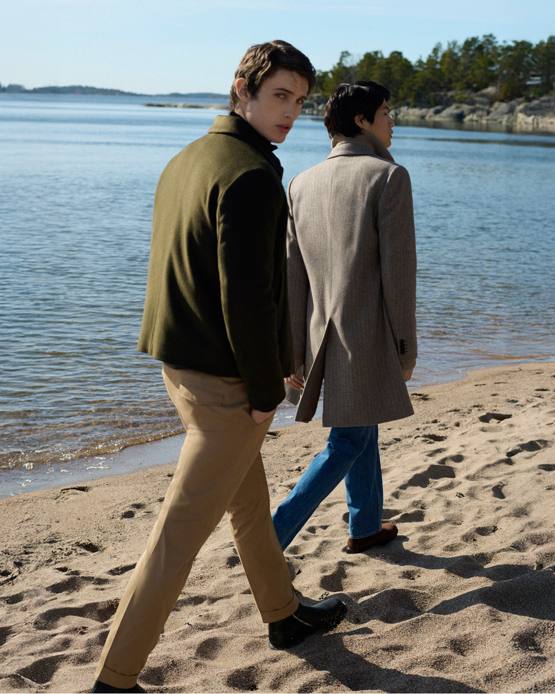 Men in outerwear on beach