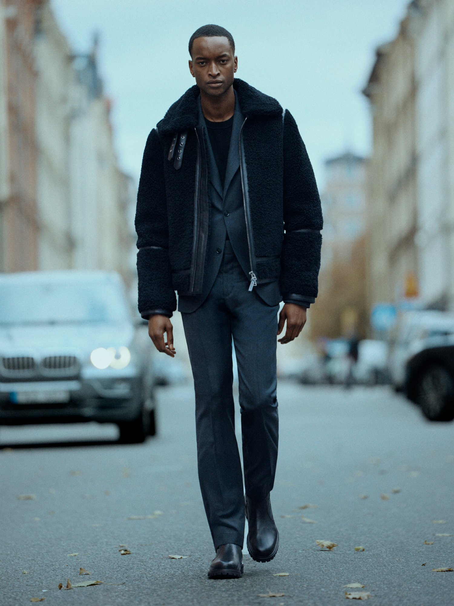 Man in sherling bomber jacket