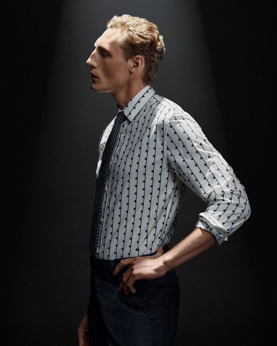 white shirt with tie in polka dot print