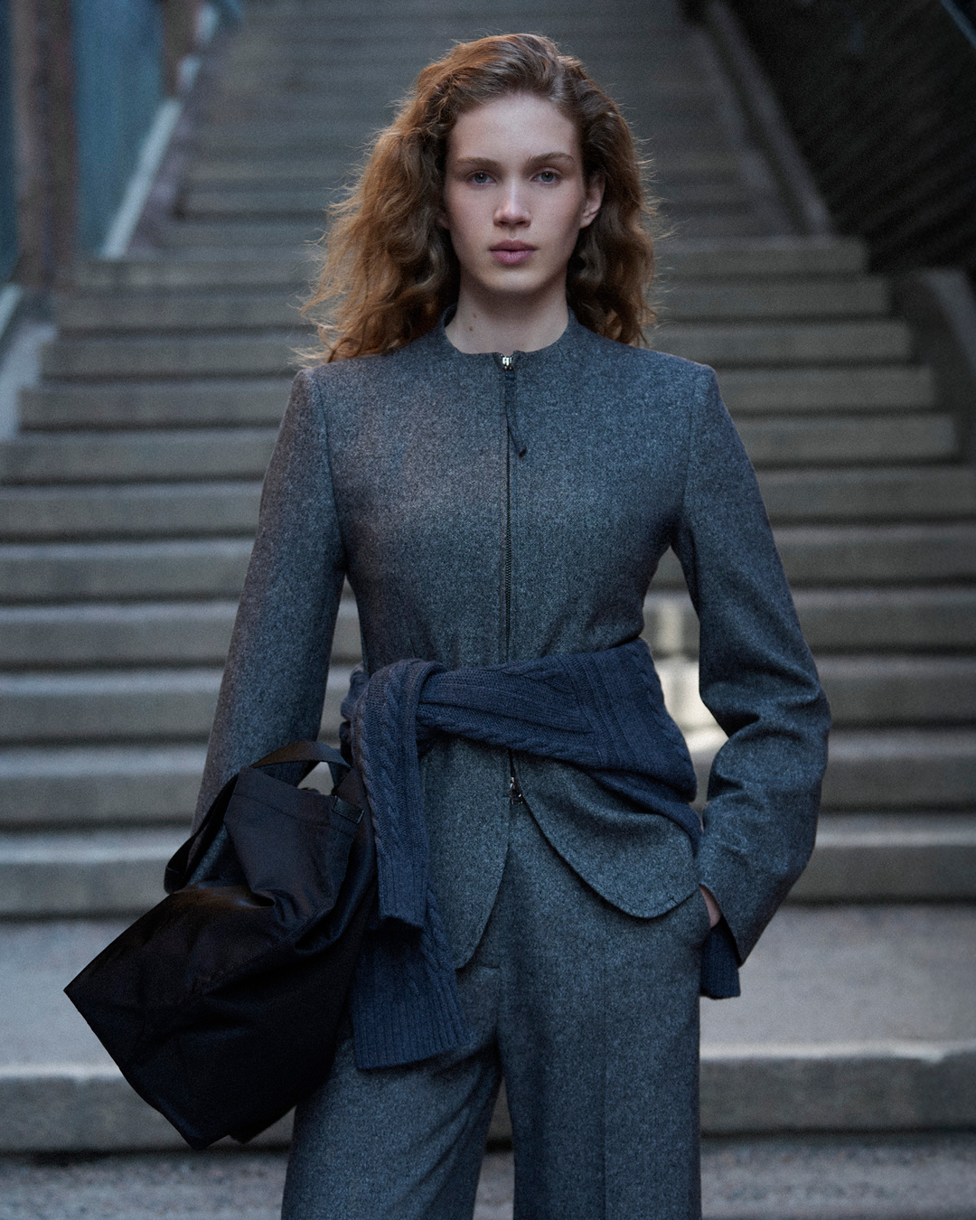 grey wool jacket and trousers